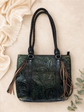 Patricia Nash Rena Burnushed Hand-Tooled Green Leather Tote with Tassel Accents